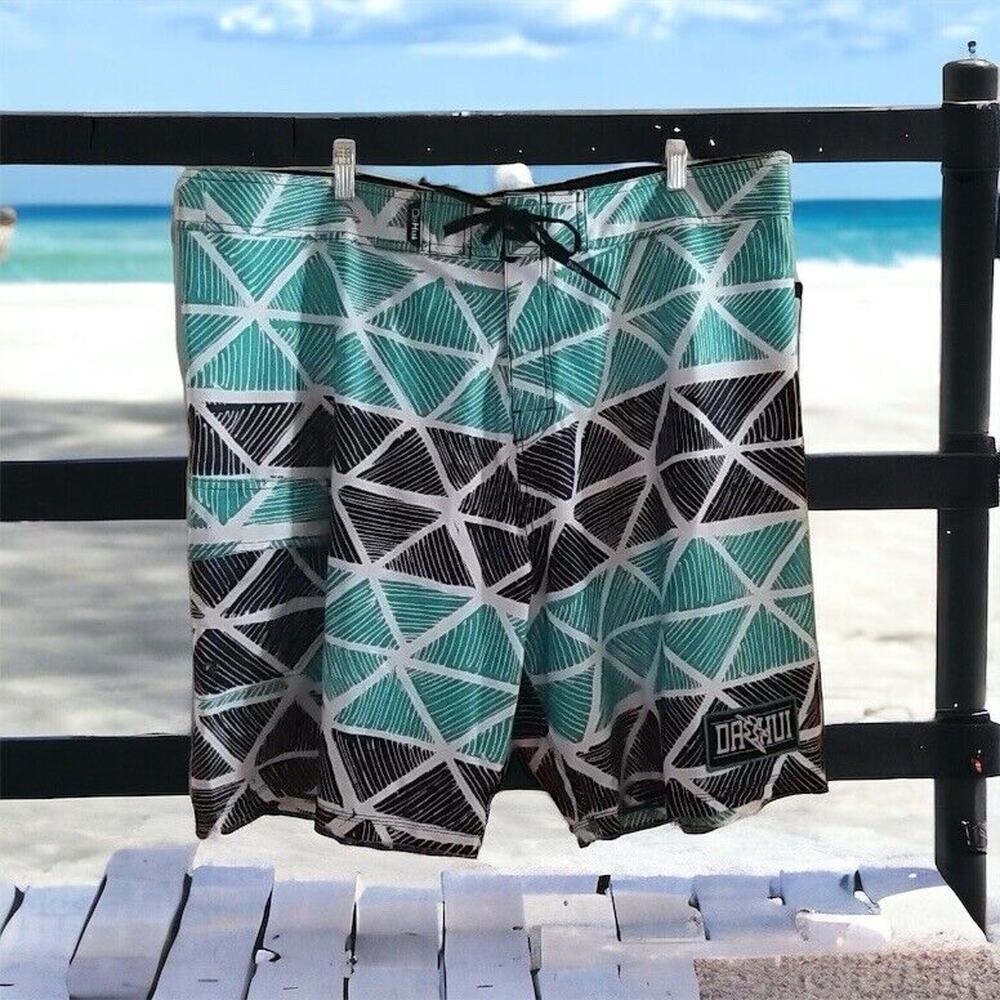 DaHui Men's 42 Board Shorts Blk/Seafoam Green Hawaii Beach Swim Trunks Surf NWT